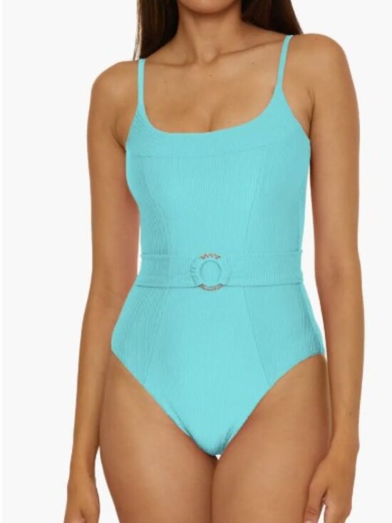 Becca Monte Carlo Belted Rib One Piece Swimsuit Bright Oasis Blue Small - Picture 1 of 16